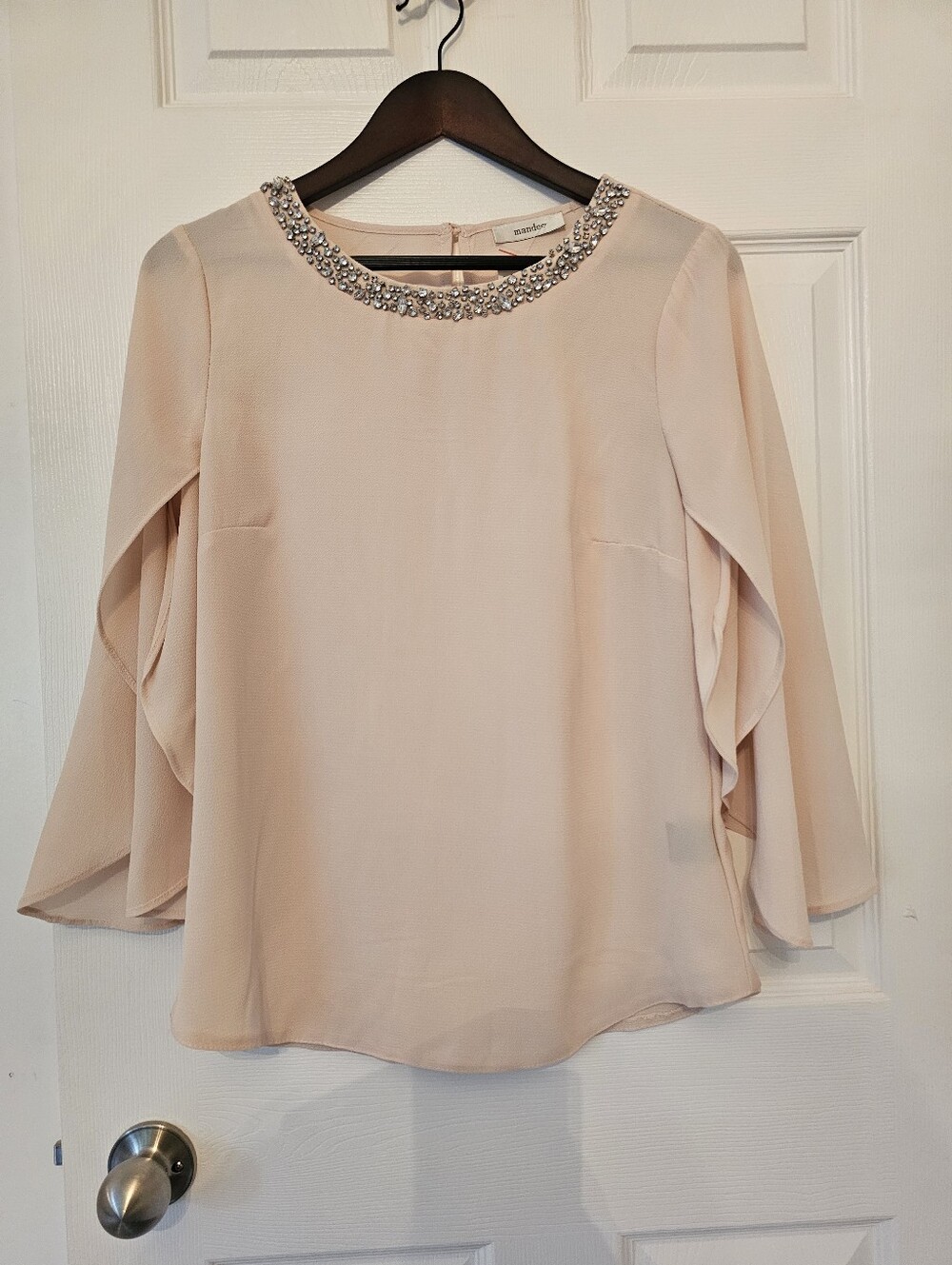 Mandee Embellished Neck Ruffled Sleeve Blouse - Blush. Small